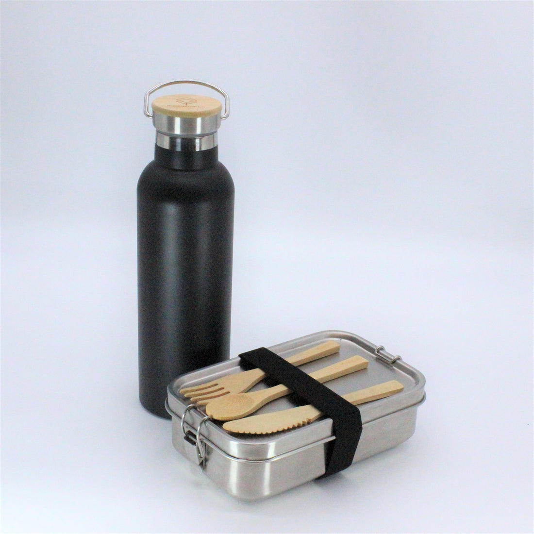 Premium Edelstahl Lunchbox 700 ml + Isolier - Trinkflasche Hot &amp; Cold in Schwarz-Matt, 600 ML