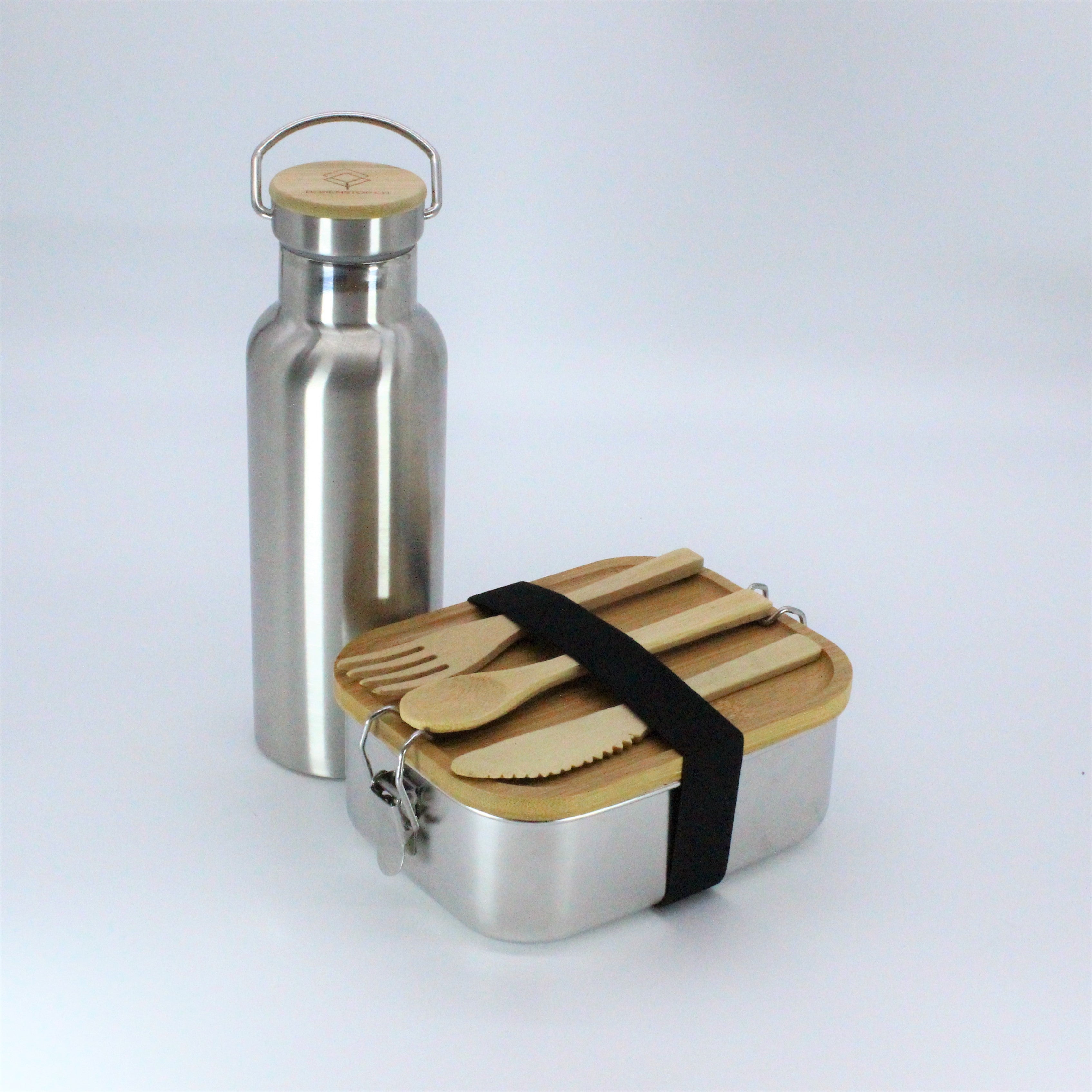 Premium Edelstahl Lunchbox 800 ml + Isolier - Trinkflasche Hot & Cold in Silber, 600 ML
