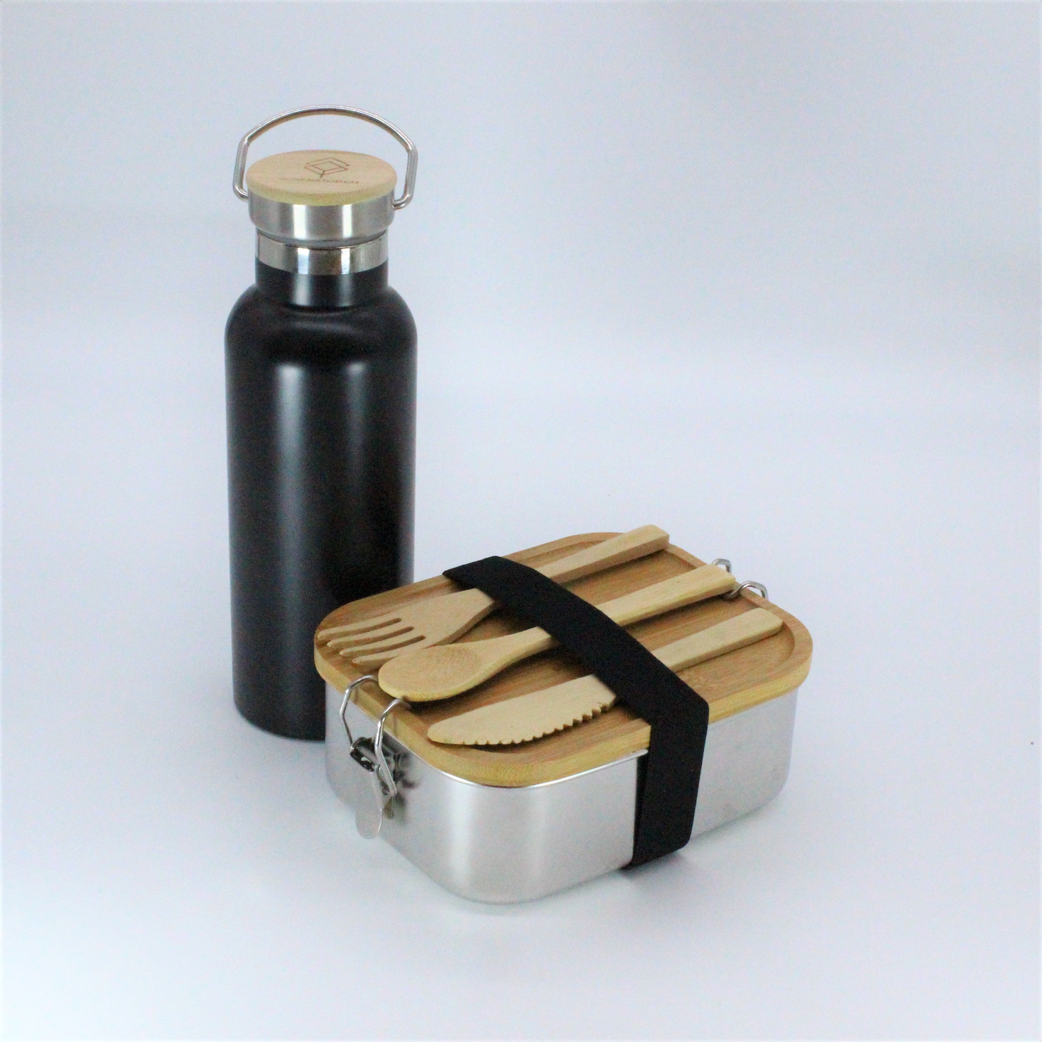 Premium Edelstahl Lunchbox 800 ml + Isolier - Trinkflasche Hot & Cold in Schwarz-Matt, 600 ML