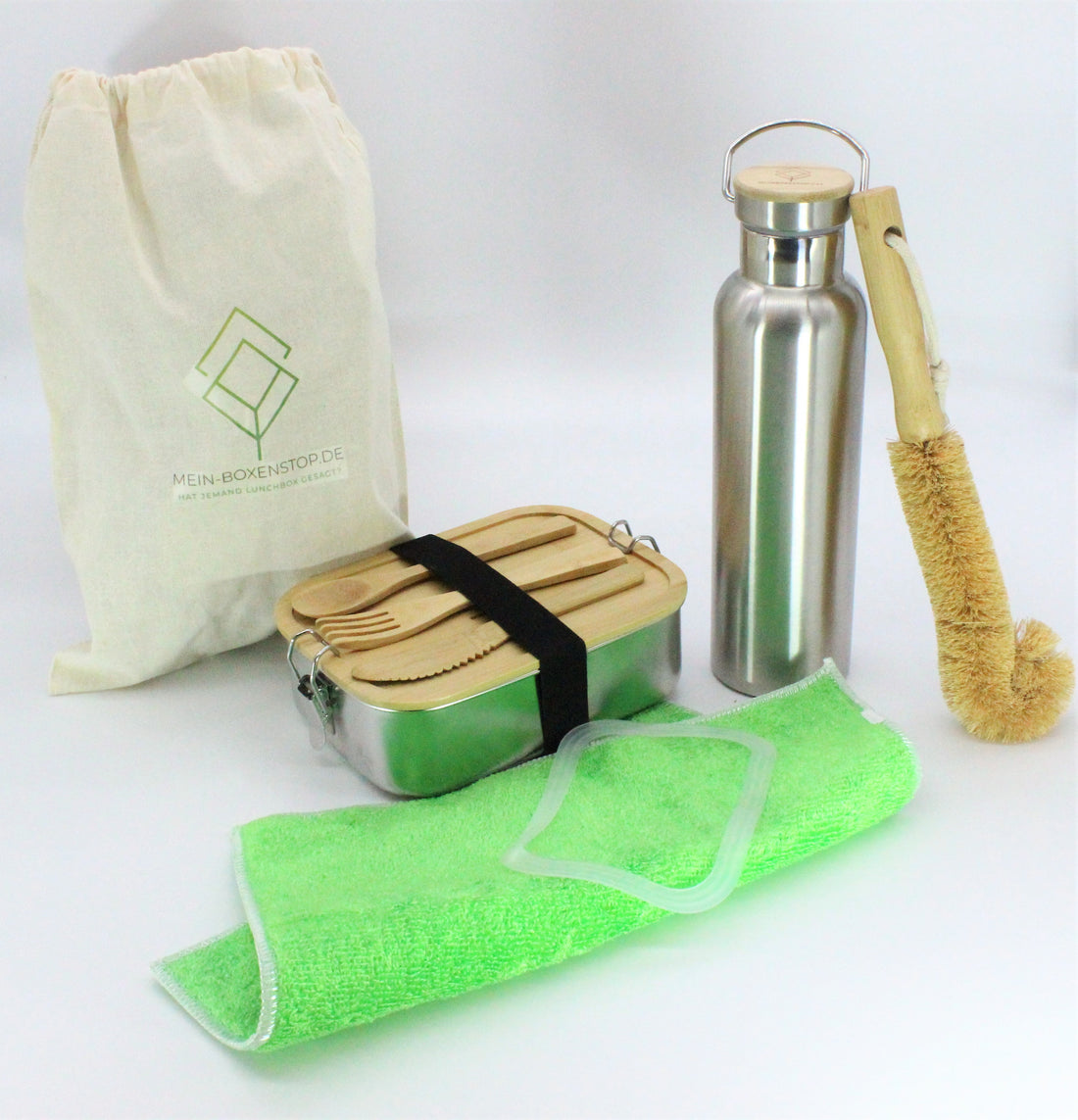 Premium Edelstahl Lunchbox 800 ml + Isolier - Trinkflasche Hot & Cold in Silber, 600 ML