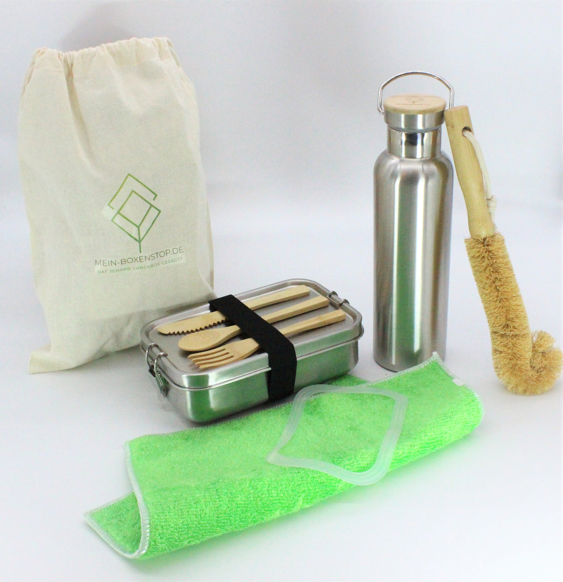 Premium Edelstahl Lunchbox 700 ml + Isolier - Trinkflasche Hot & Cold in Silber, 600 ML