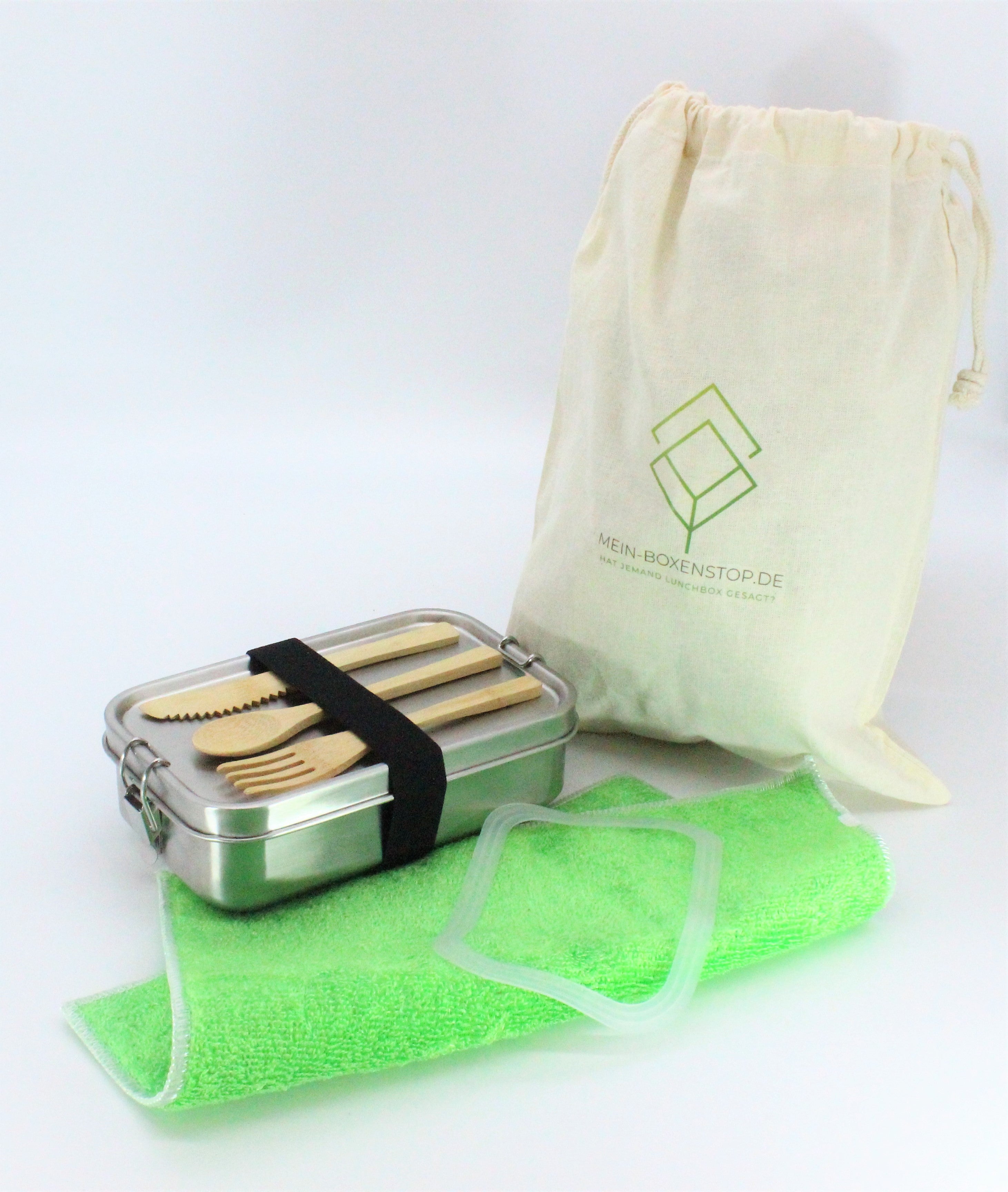 Premium Edelstahl Lunchbox 700 ml, mit Bambus-Besteck, Ersatzdichtung, ÖKO-Baumwoll-Zugbeutel, Gummiband, auslaufsicher, geruchs- &amp; geschmacksneutral