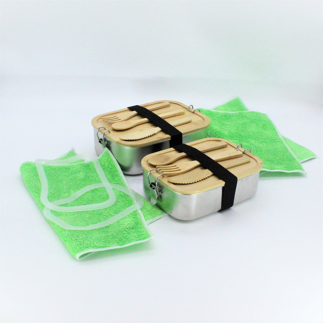 2x Premium Edelstahl Lunchbox 1500 ml, inkl. Bambus-Besteck, Ersatzdichtung, ÖKO-Baumwoll-Zugbeutel, Gummiband, auslaufsicher – geruchs- und geschmacksneutral