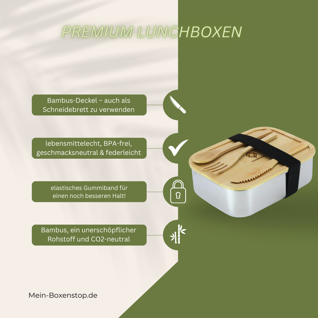 Premium Edelstahl Lunchbox 1200 ml, ohne Klammern, mit Bambus-Besteck, Ersatzdichtung, ÖKO-Baumwoll-Zugbeutel, Gummiband, auslaufsicher, geruchs- & geschmacksneutral