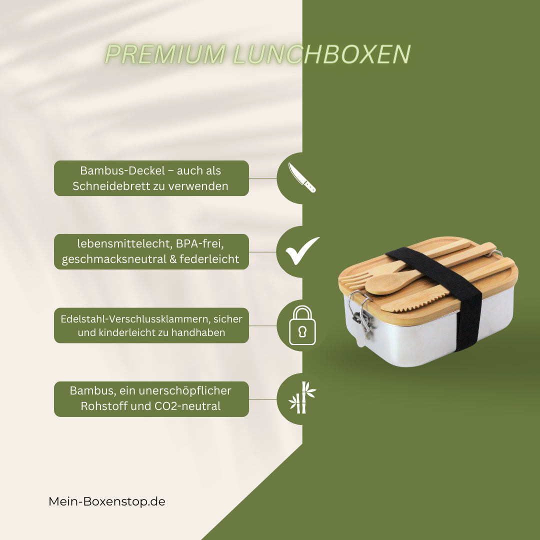 Premium Edelstahl Lunchbox 1500 ml, mit Bambus-Besteck, Ersatzdichtung, ÖKO-Baumwoll-Zugbeutel, Gummiband, auslaufsicher, geruchs- &amp; geschmacksneutral
