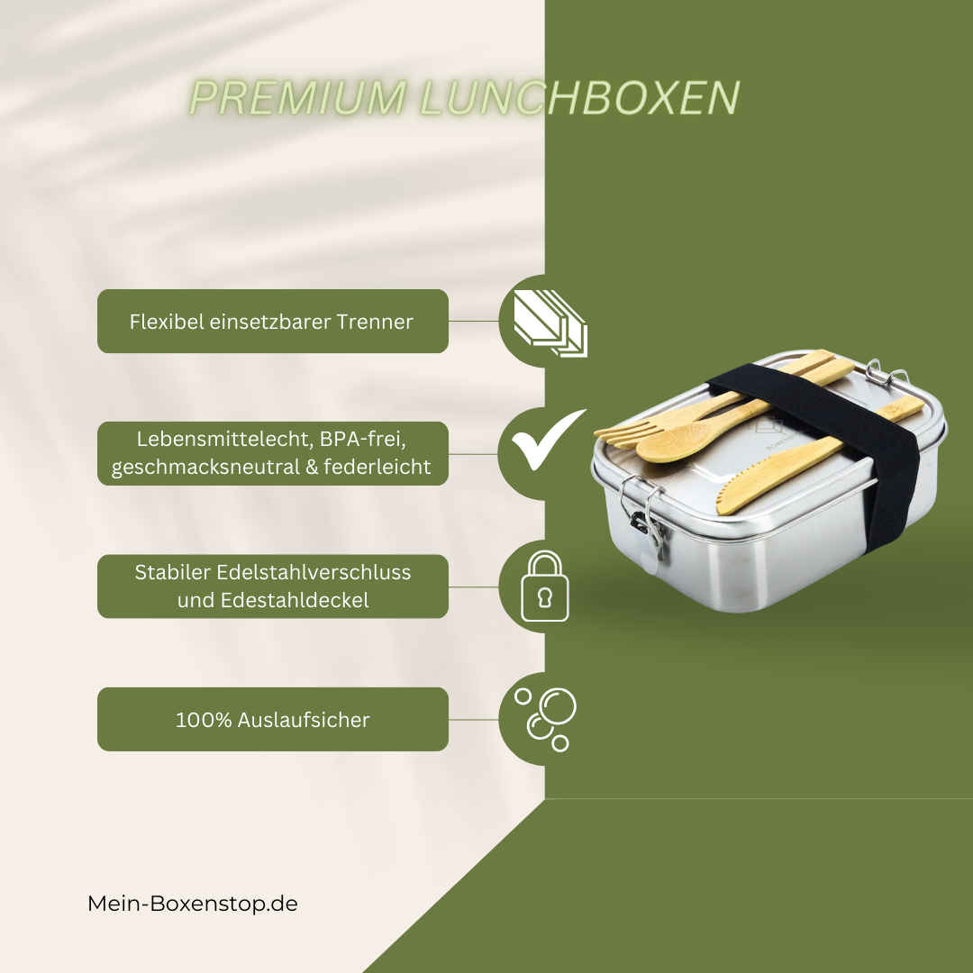Premium Edelstahl Lunchbox 1000 ml, mit Bambus-Besteck, Ersatzdichtung, ÖKO-Baumwoll-Zugbeutel, Gummiband, auslaufsicher, geruchs- & geschmacksneutral