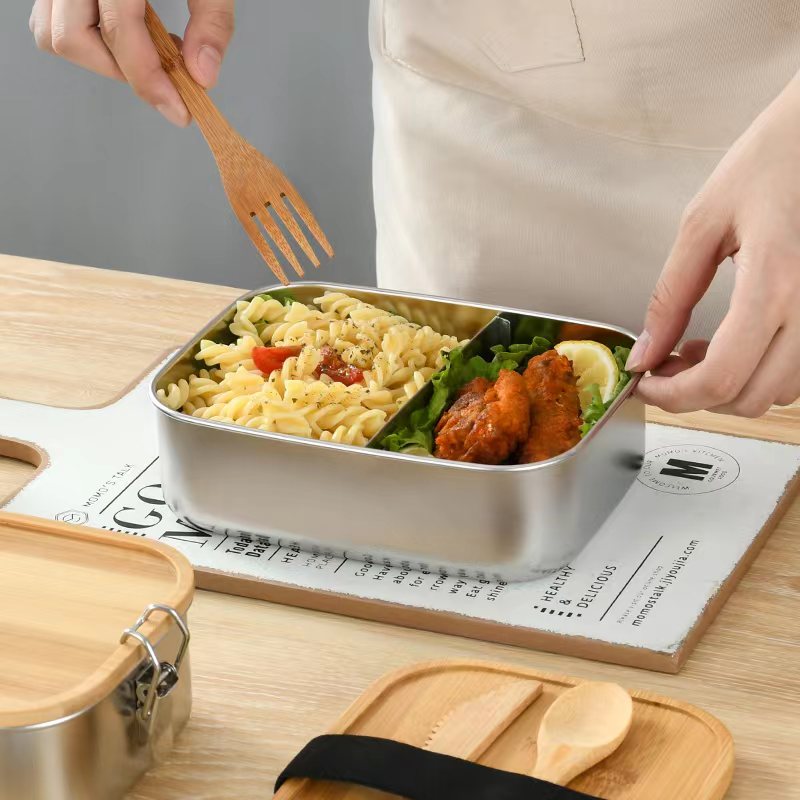 Premium Edelstahl Lunchbox 1200 ml, mit Bambus-Besteck, Ersatzdichtung, ÖKO-Baumwoll-Zugbeutel, Gummiband, auslaufsicher, geruchs- & geschmacksneutral