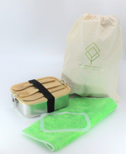 Premium Edelstahl Lunchbox 800 ml, mit Bambus-Besteck, Ersatzdichtung, ÖKO-Baumwoll-Zugbeutel, Gummiband, auslaufsicher, geruchs- &amp; geschmacksneutral