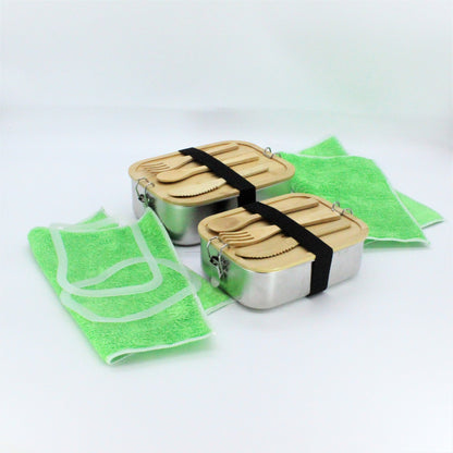 2x Premium Edelstahl Lunchbox 1200 ml, inkl. Bambus-Besteck, Ersatzdichtung, ÖKO-Baumwoll-Zugbeutel, Gummiband, auslaufsicher – geruchs- und geschmacksneutral